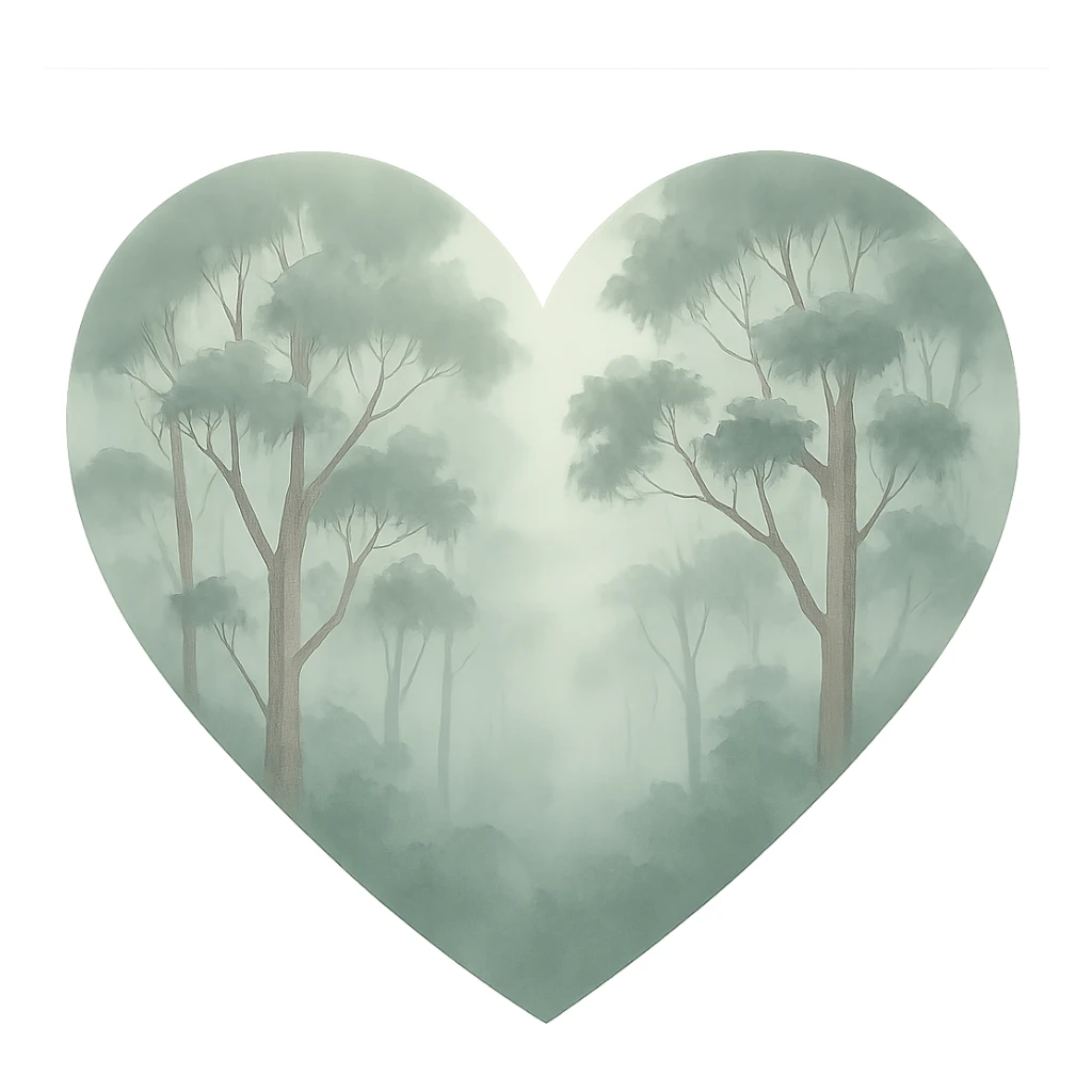 heart with a misty eucalyptus forest, clean digital illustration sticker