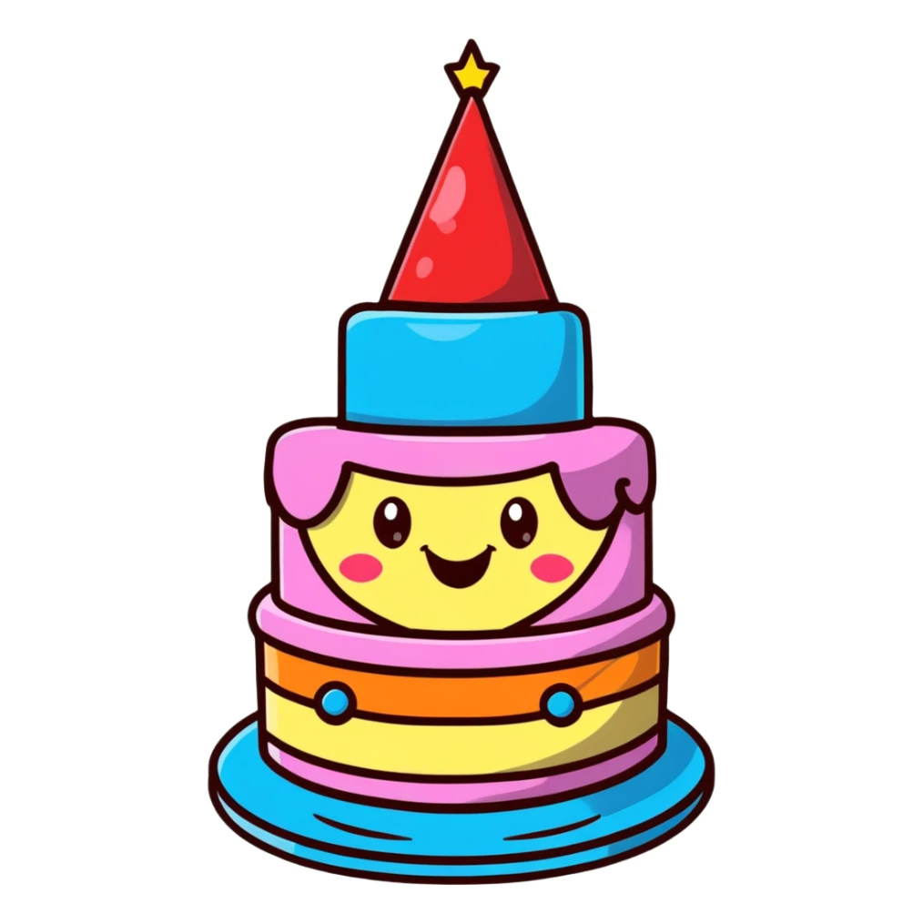 cute birthday cake with smiling face and party hat sticker