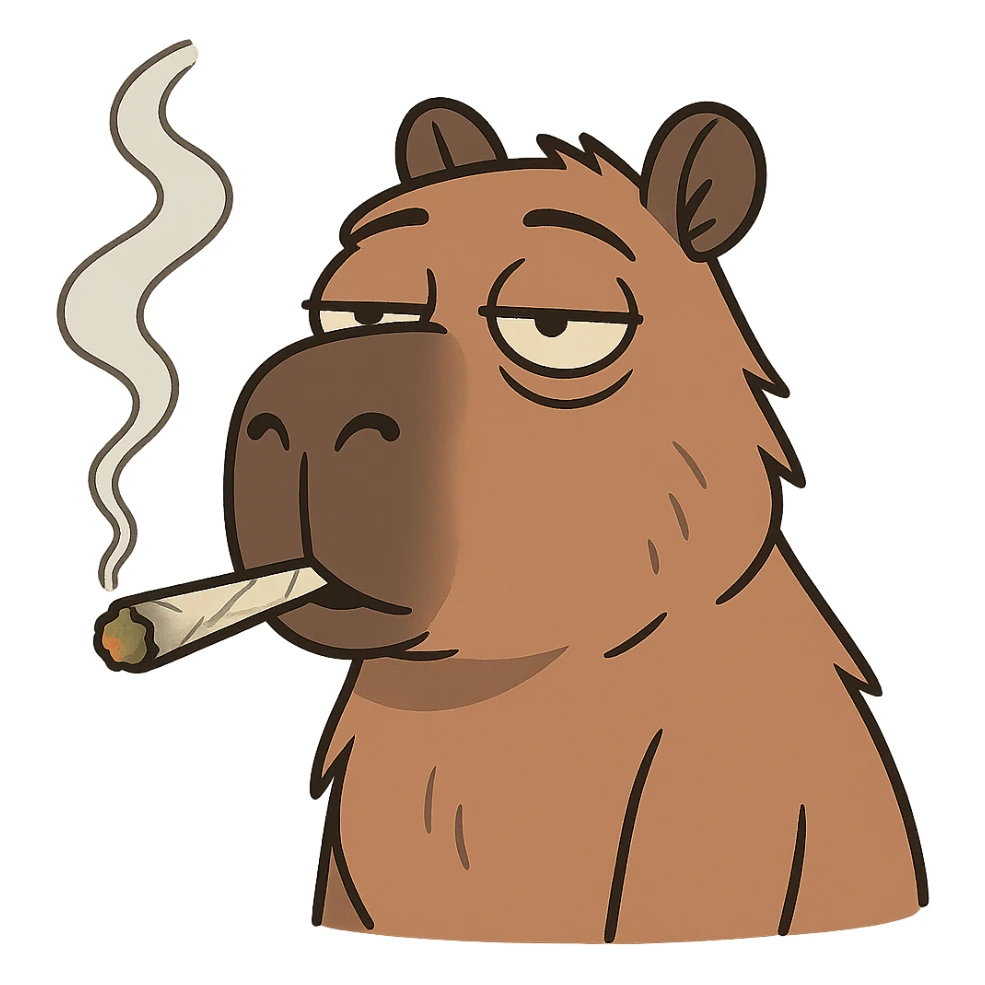 a capybara smoking a hand-rolled weed joint, relaxed expression, cartoon style sticker