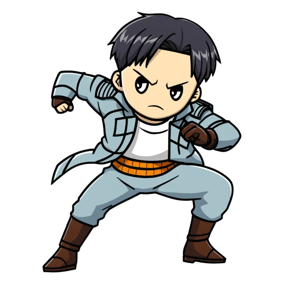 Levi Ackerman from Attack on Titan in battle stance with ODM gear, black undercut hair, serious expression sticker