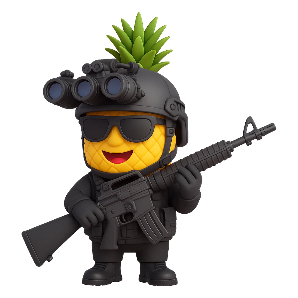 Make the pineapple wear special forces gear including a tactical helmet with night vision goggles, a black tactical vest, and gloves. The background should be transparent with no background. sticker