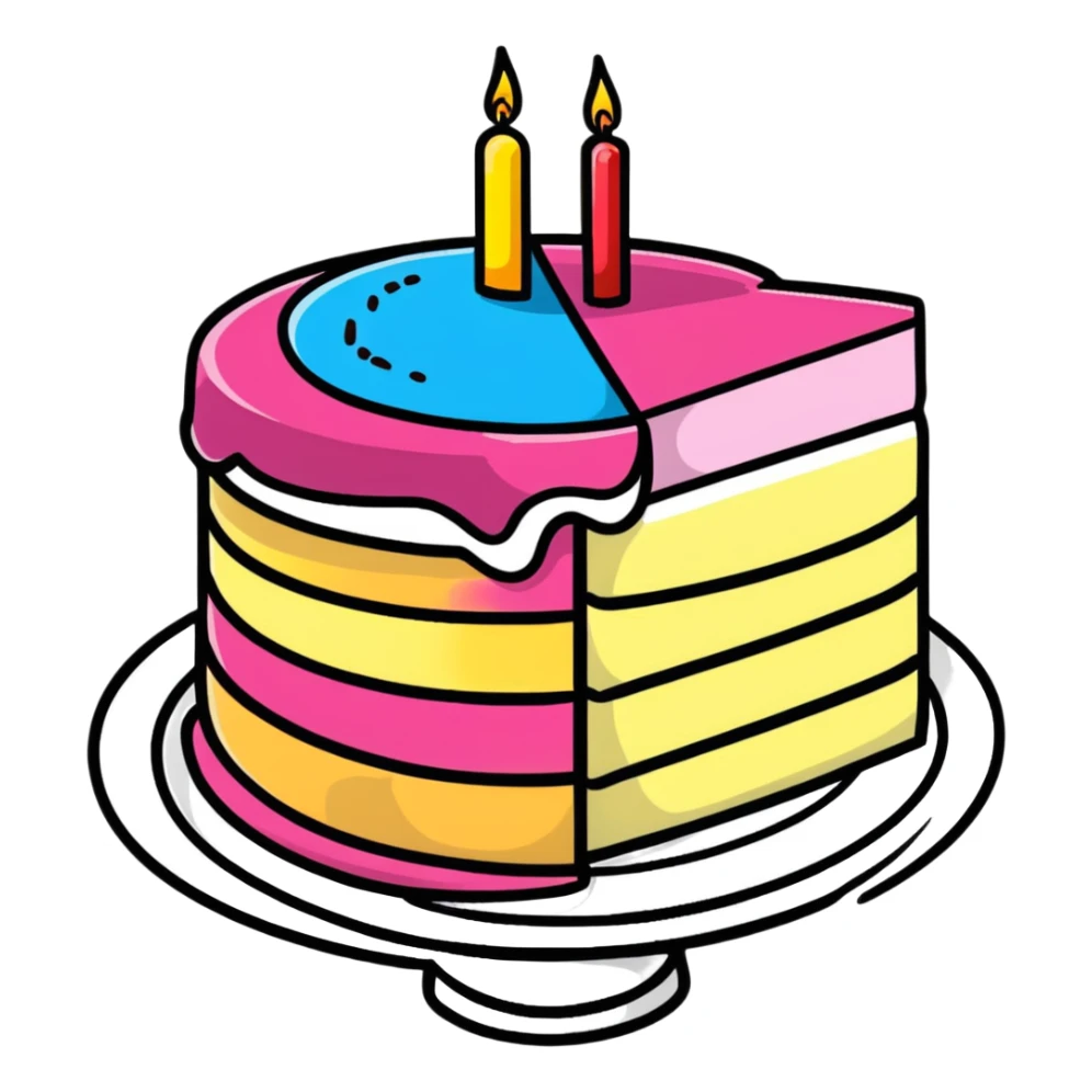 colorful birthday cake with a slice missing, showing layers inside sticker