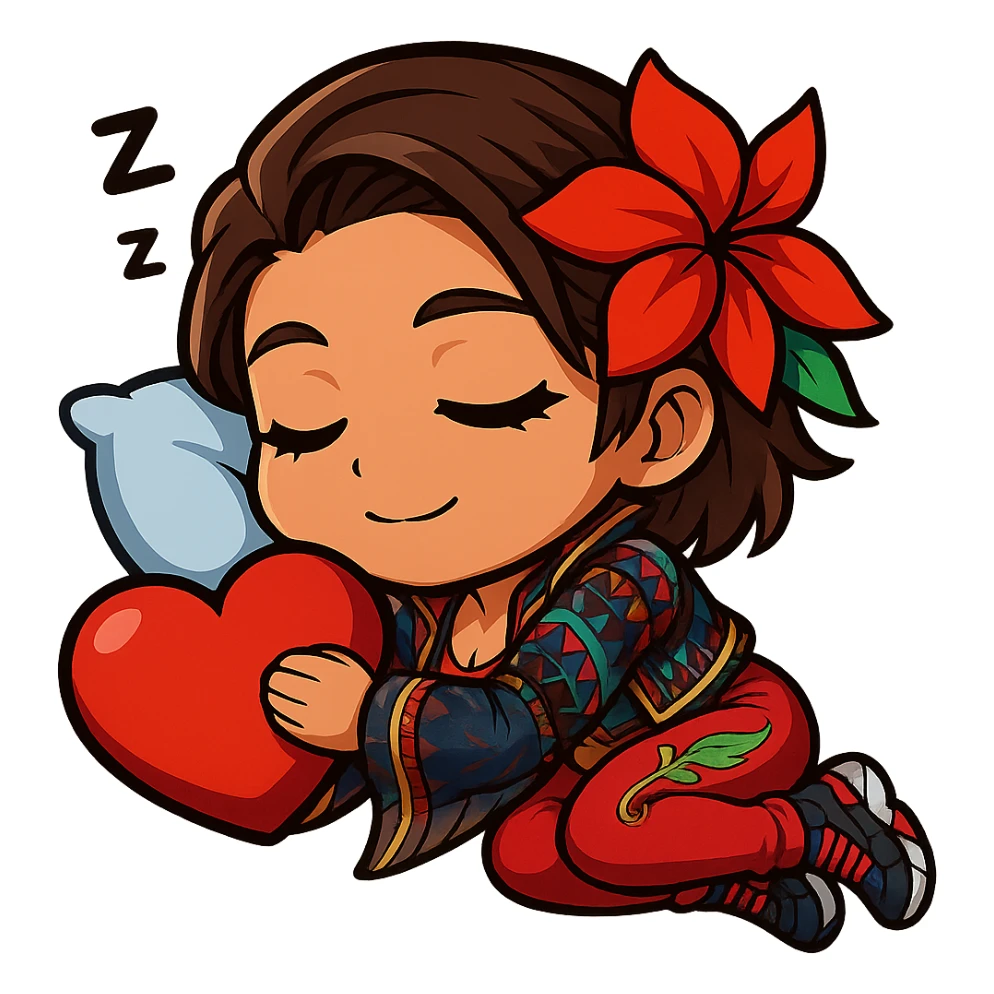Azucena from Tekken 8 in chibi sticker style, sleeping with a little pillow, peaceful expression, wearing the detailed red and patterned outfit from the reference images, designed for Twitch emote use. sticker