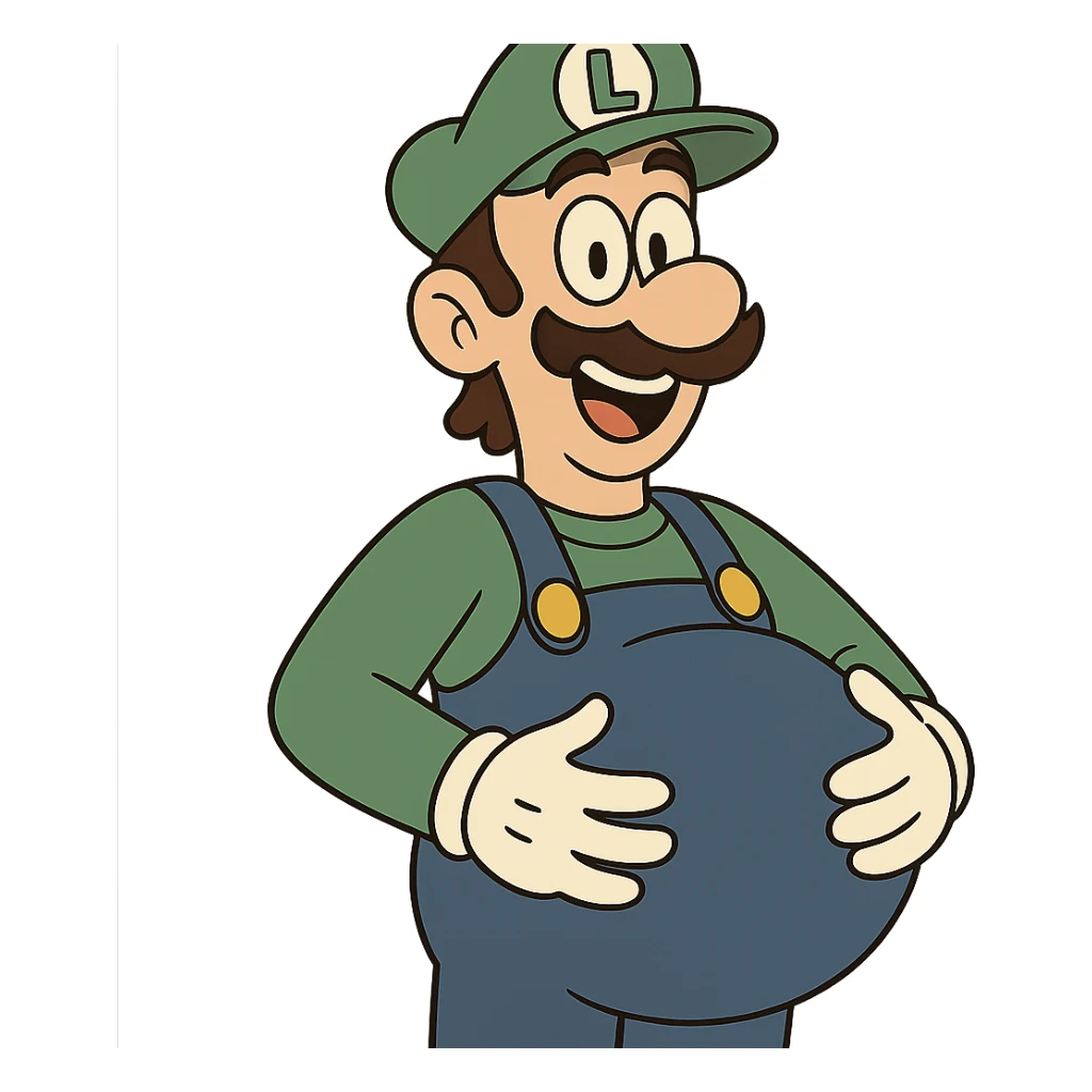 Luigi from Mario, pregnant, hands on belly, cheerful, cartoon style sticker