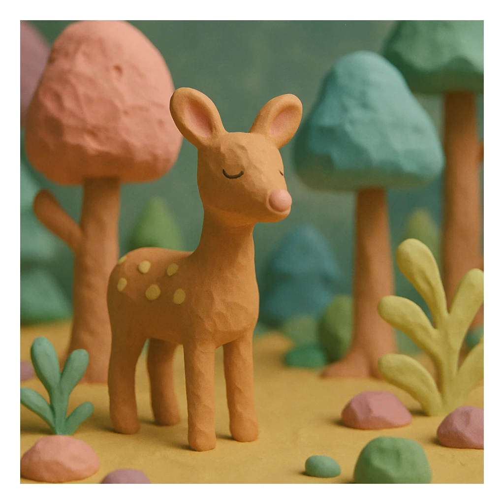 deer standing in a forest, pastel colors, visible fingerprints, playful and textured, claymation style sticker
