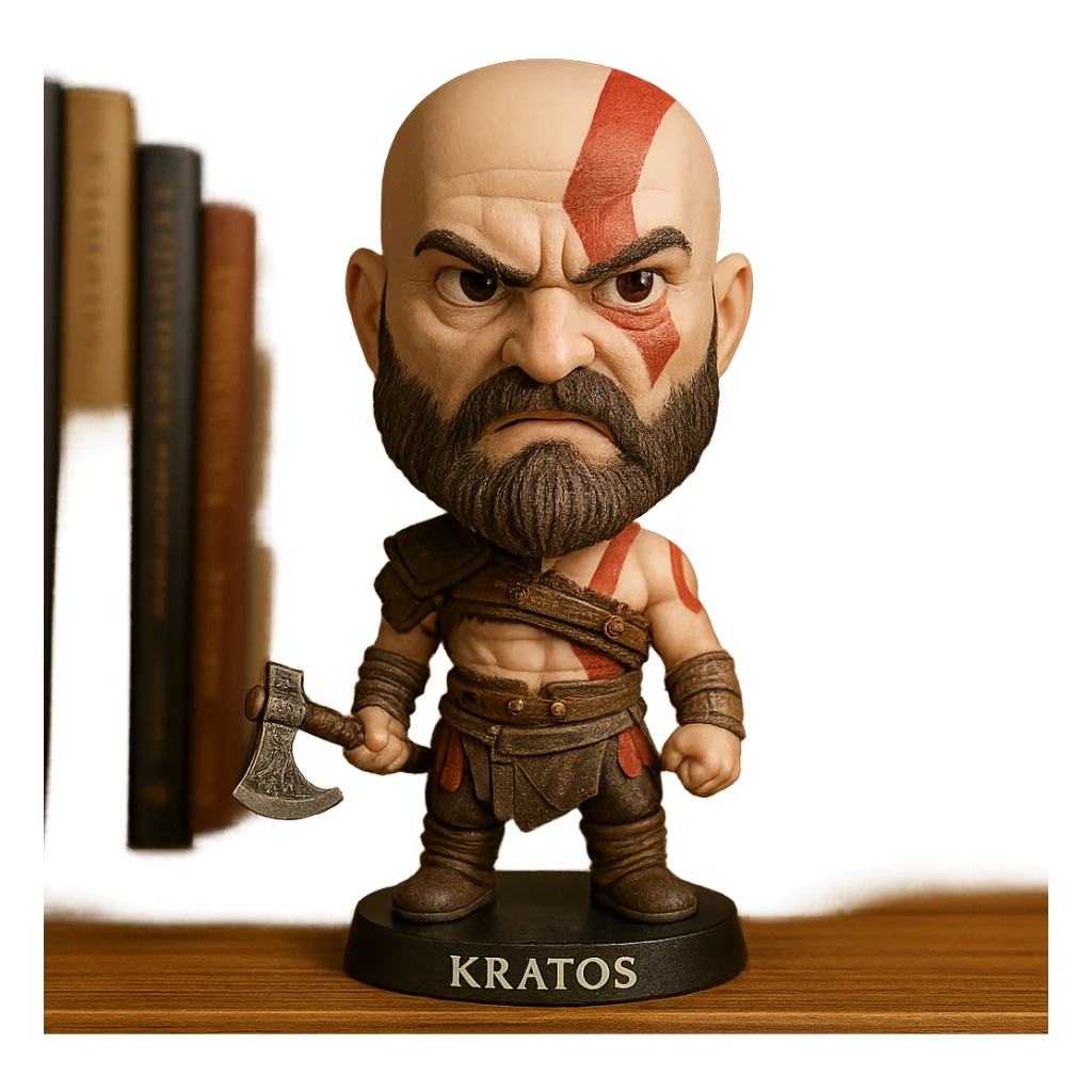 Kratos as a bobblehead with a wobbly head and angry expression sticker