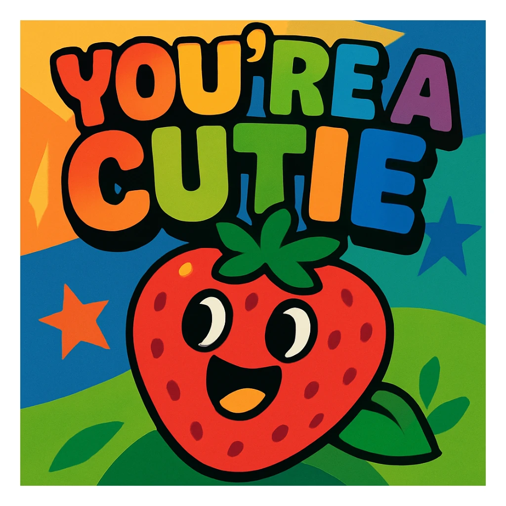 the phrase "you're a cutie" in rainbow gradient, super bold and bubbly font, energetic and joyful look sticker