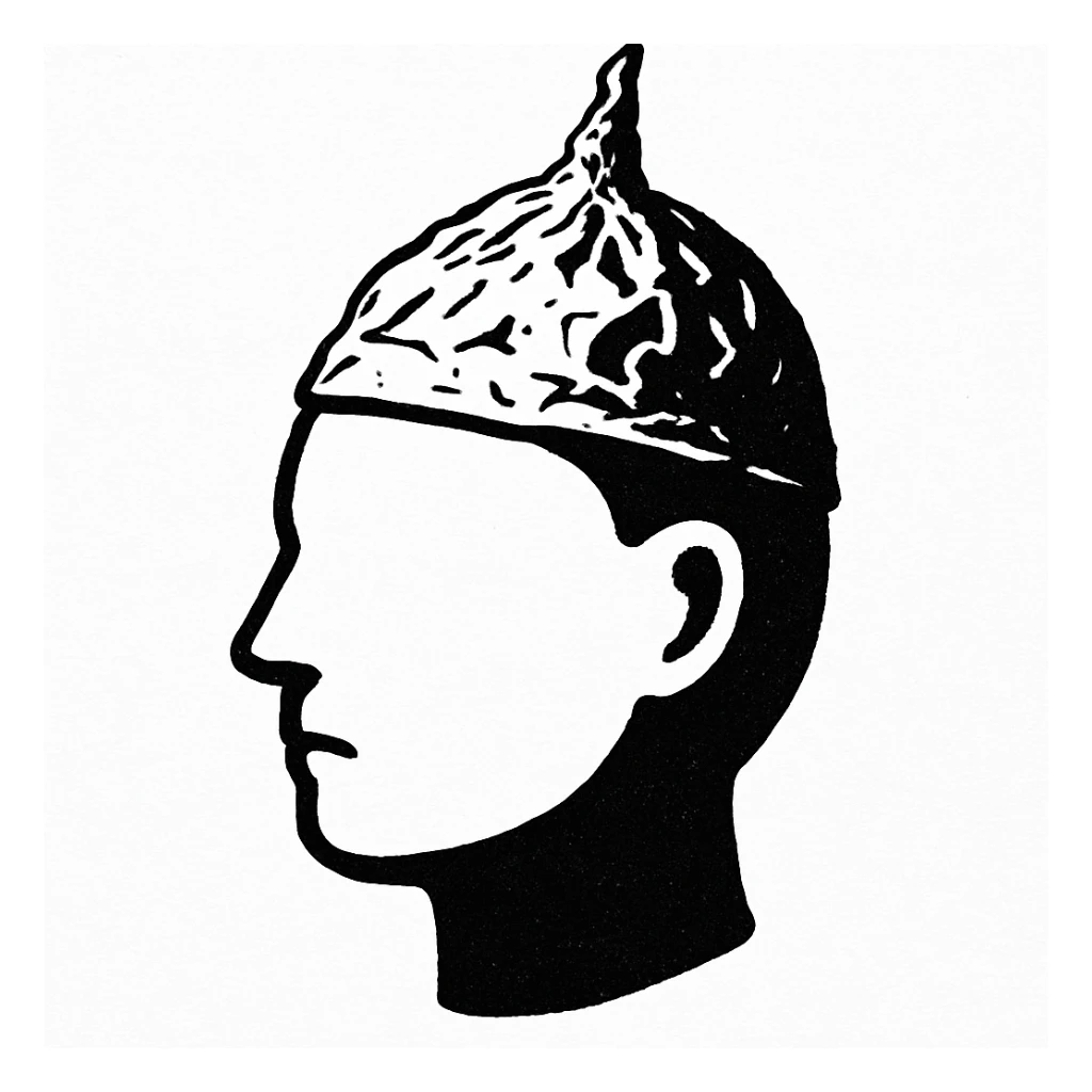 A black and white sphere with a head shape, wearing a small foil hat, stencil style, no shading sticker