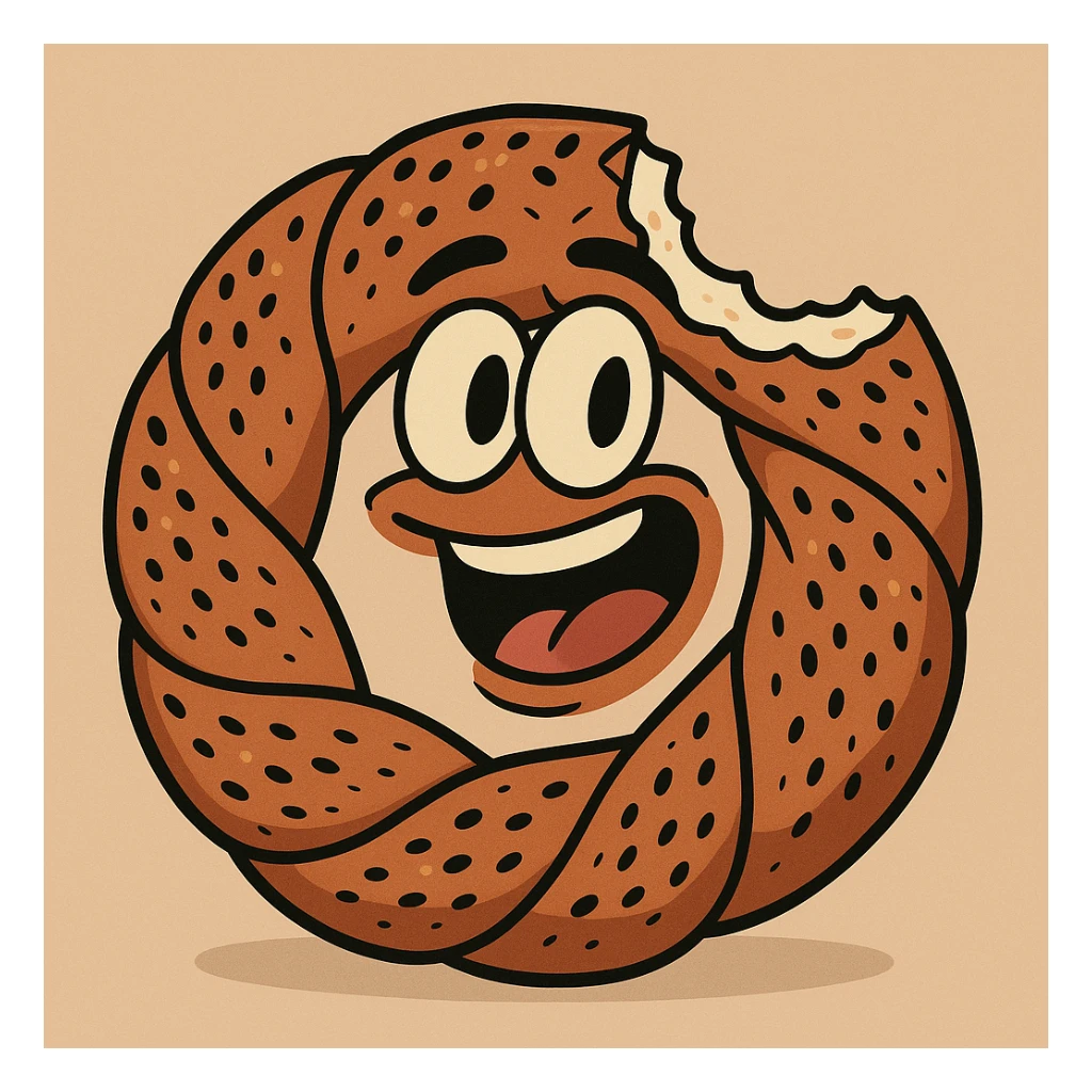 a simit with a bite taken out, flat cartoon style, expressive, fun, and appetizing sticker