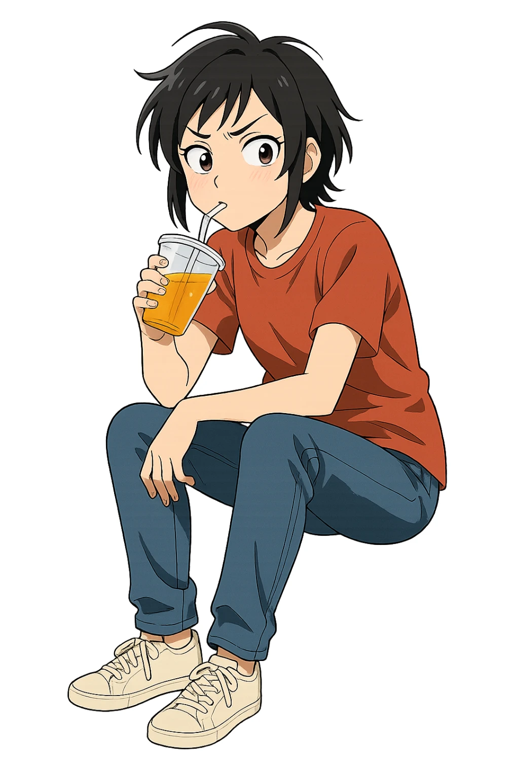 Kitsui Akira sipping a drink, full body, casual pose, expressive face, modern anime style, clean lines, vibrant colors sticker