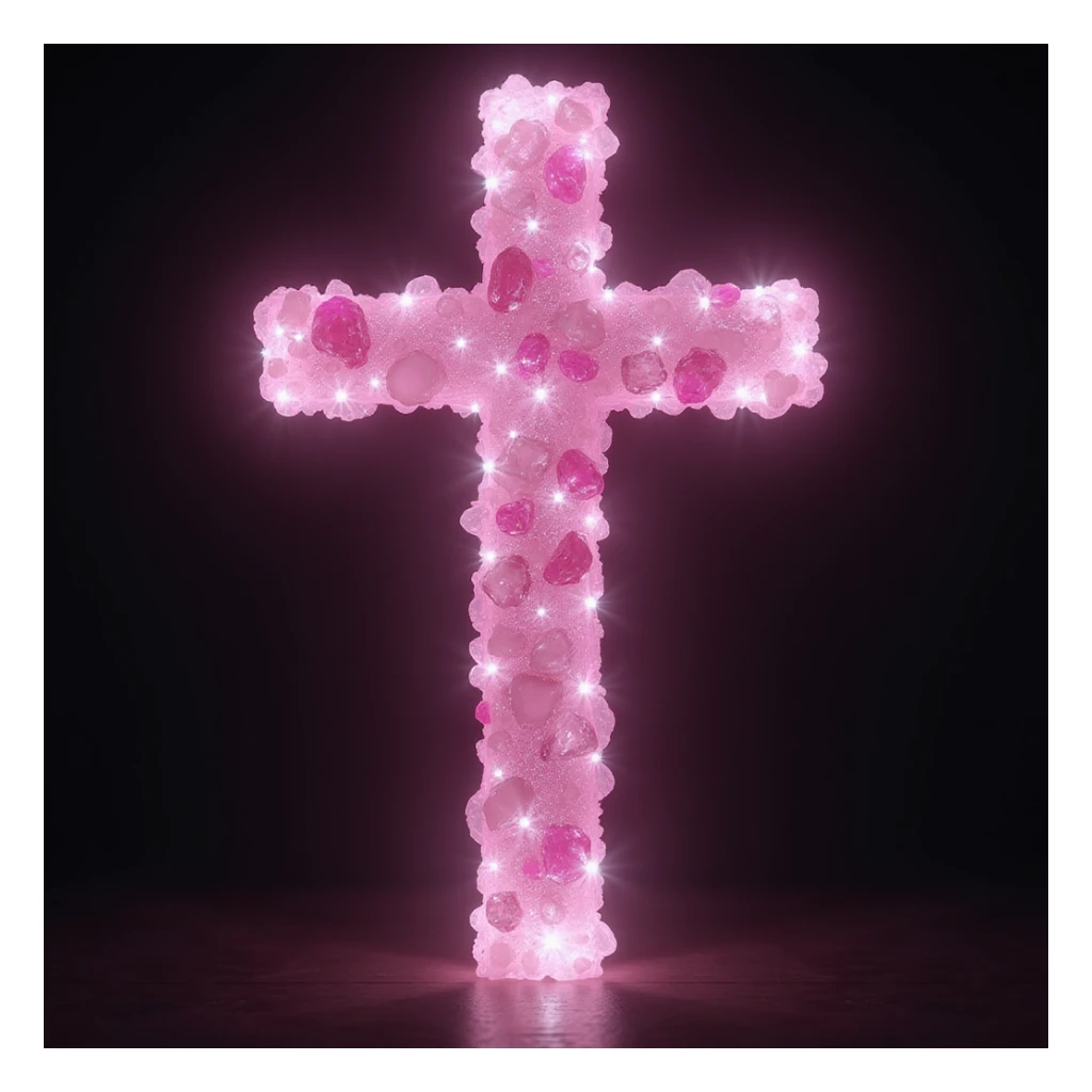realistic gothic cross, pink with crystals and a glowing aura, photorealistic style, no background sticker