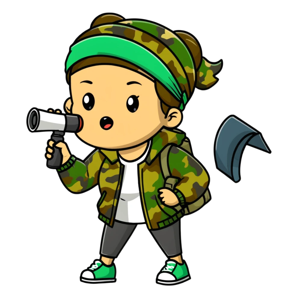 woman with green headband, camo jacket, holding a megaphone, looking annoyed sticker