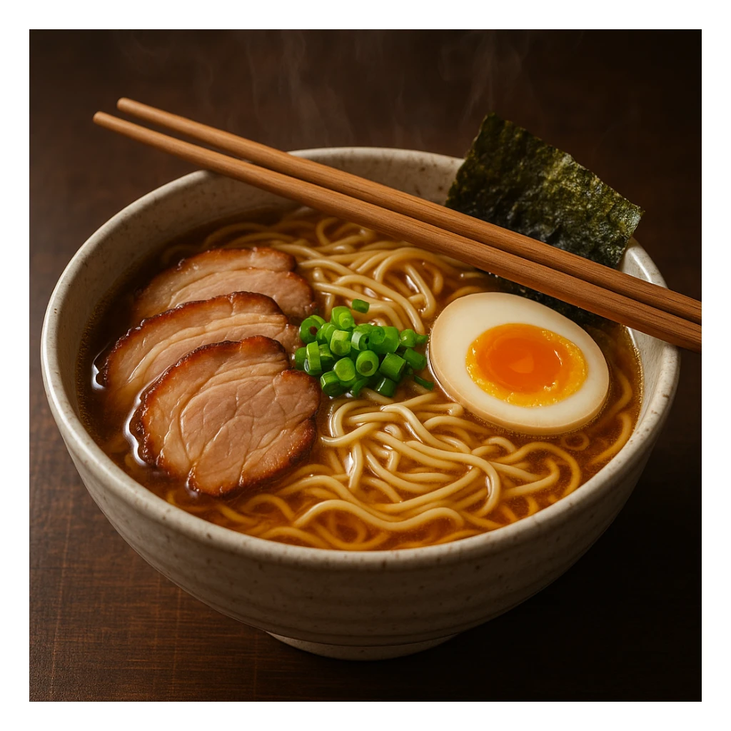 classic bowl of ramen, steaming, with chopsticks sticker