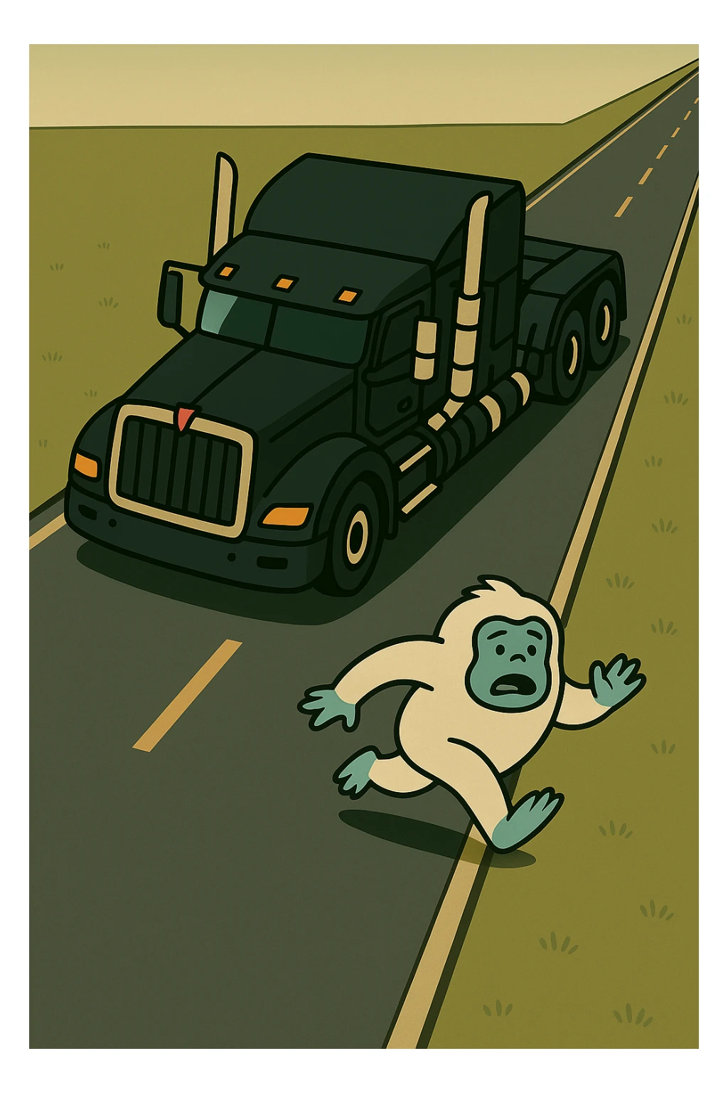 Place the tiny abominable snowman directly on a long road in front of the black 2026 Kenworth W680 flat top semi sleeper, top-down cartoon style, no text, make the road much longer. sticker