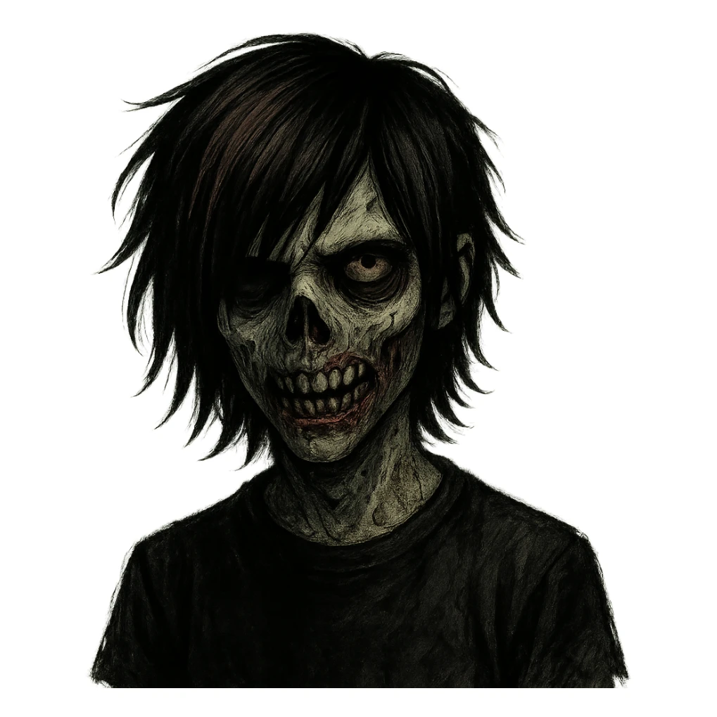 spooky zombie boy, emo style, medium-long hair with black and brown shades, sinister and creepy face sticker