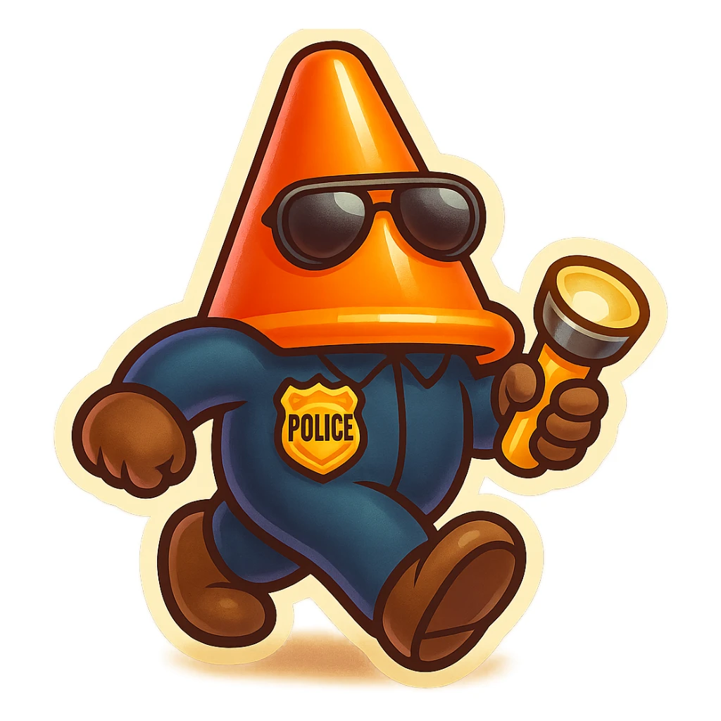 Create emoji-style variation of a pylon cone head character with a police badge, holding a flashlight, in a dynamic walking pose. Transparent background. sticker