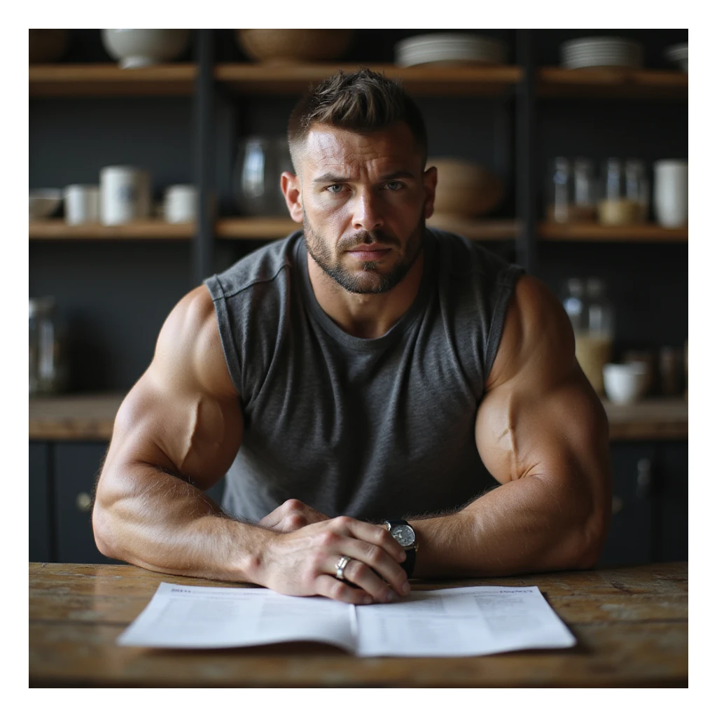 hyperrealistic 4K image of a bodybuilder sitting at a table with a meal plan in front, reflective expression, about to change diet focus from mass to definition, sheet showing old diet and new meal plan comparison, detailed kitchen or gym environment sticker