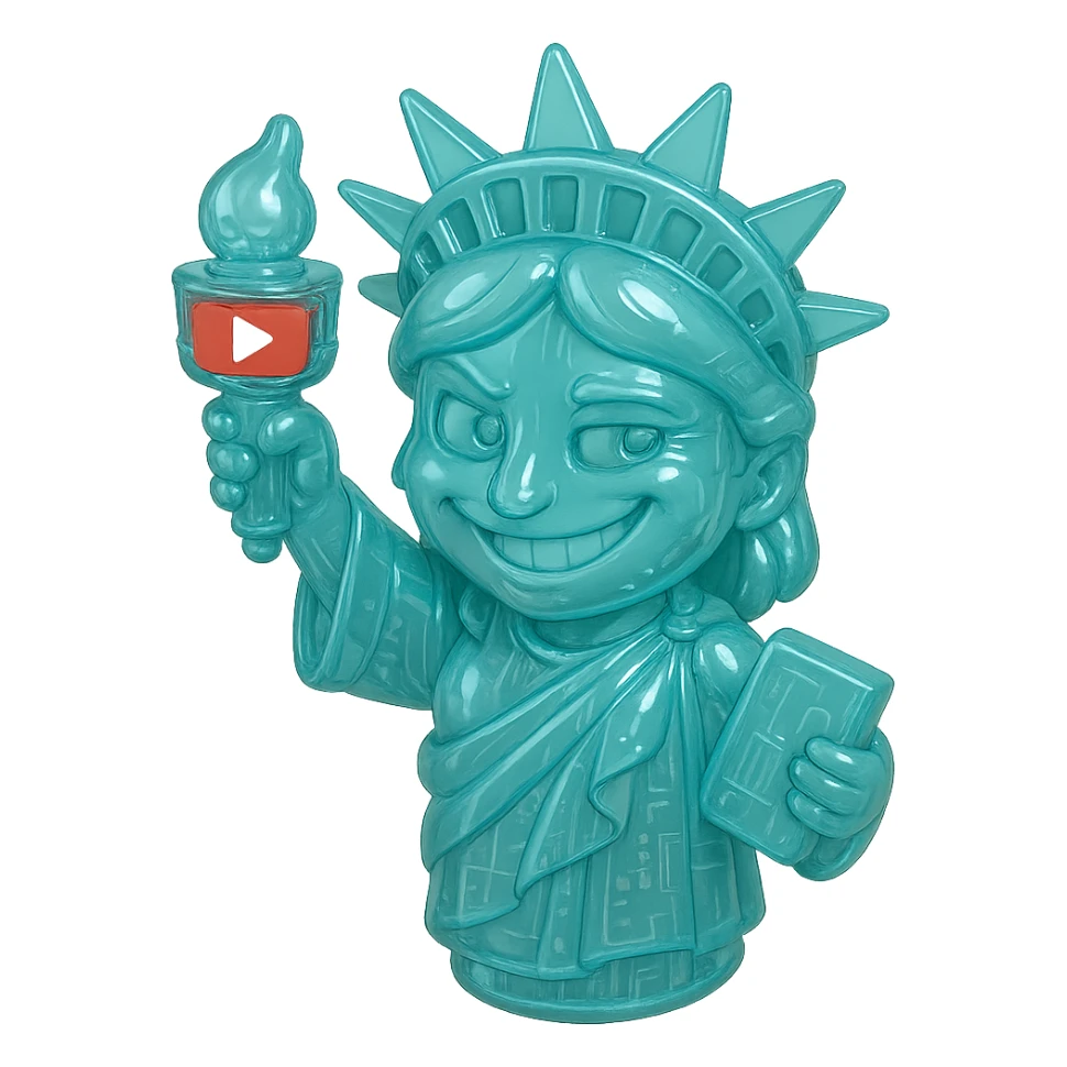 Statue of Liberty with a playful sarcastic grin, red YouTube play button, glossy circuit style sticker