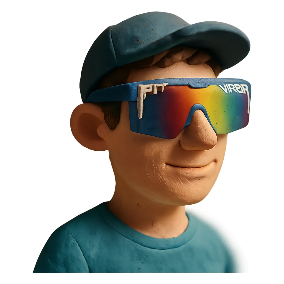 claymation style guy with brown hair, baseball cap, wearing polarized Pit Viper glasses sticker