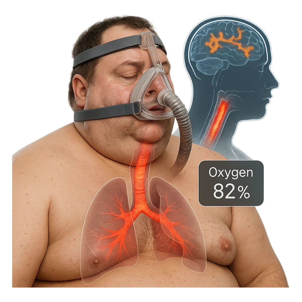 hyper-realistic medical CGI of overweight man with CPAP mask, airway still partially compressed, trachea walls with red heat map, oxygen at 82%, brain scan overlay with disrupted sleep, 4K, clinical sticker