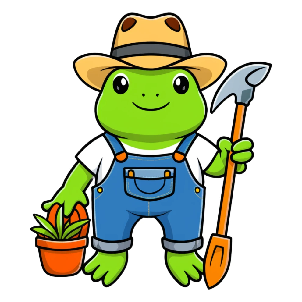 cartoon frog with cowboy hat, denim overalls, and gardening tools sticker
