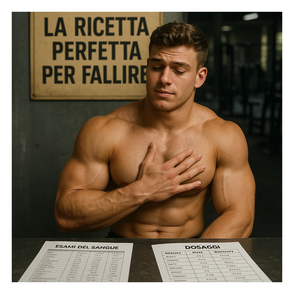 realistic young muscular bodybuilder with a confident but naive expression, ignoring blood test sheets and dosage tables in Italian on the table, touching his chest relying on feelings, superficial atmosphere, gym background, sign with text 'La ricetta perfetta per fallire', 4K quality sticker