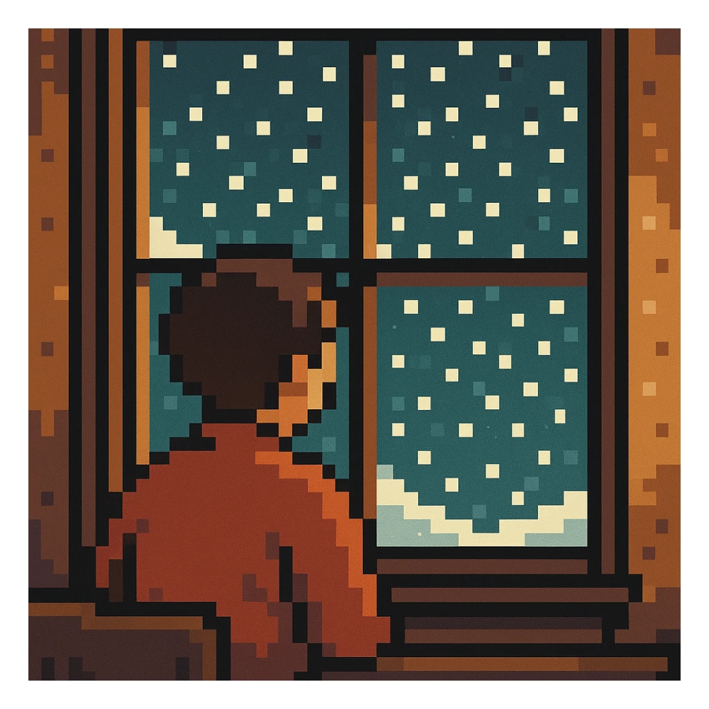 pixel art style scene of a person watching snow fall outside sticker