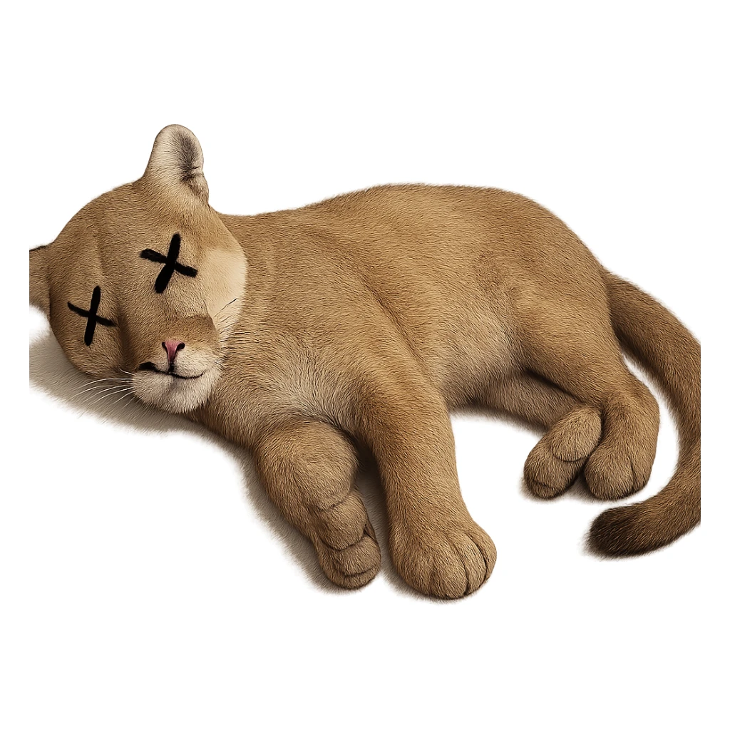 Make the mountain lion appear dead, lying on its side with cartoon X's for eyes, no blood, keep the exact same photorealistic style and details, transparent background. sticker