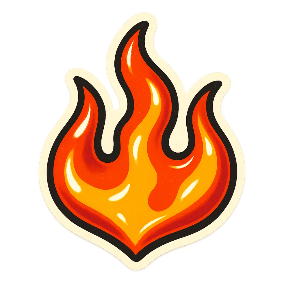 retro sticker style flame with three distinct flame tongues, bold outlines, juicy colors, shiny highlights, energetic and playful fire sticker