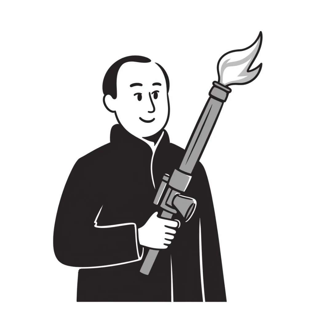 Vladimir Putin smiles and holds a flamethrower sticker