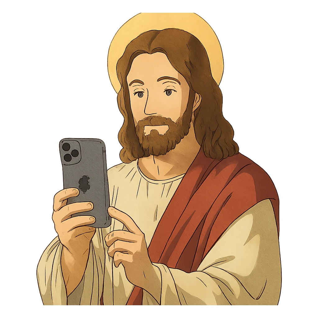 Jesus holding an iPhone, detailed, ghibli style sticker