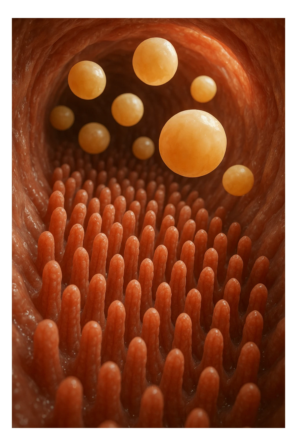 VILLI INTESTINALI CON CELLULE DI GRASSùO CHE CI FLUTTUANO SOPRA, INTERNO REALISTICO DI UN INTESTINO, IPERREALISTICO 4K sticker