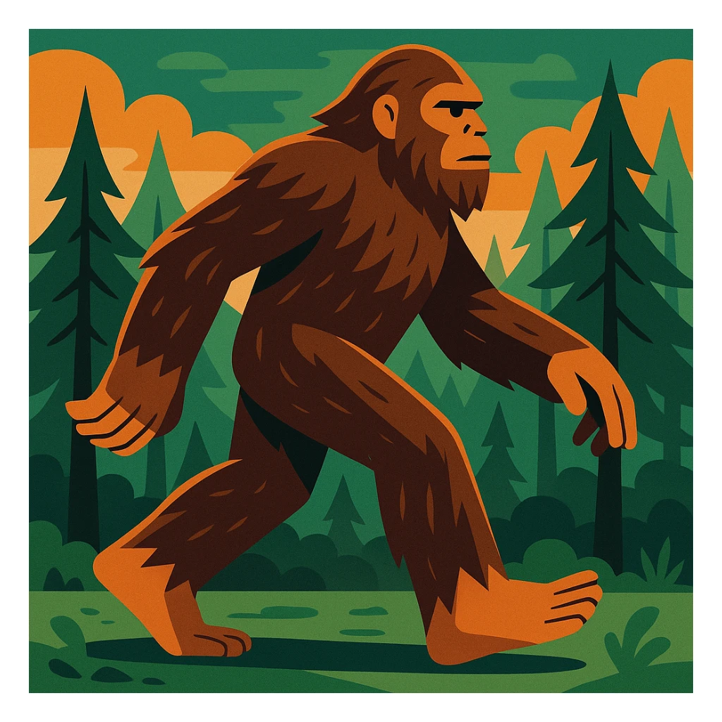 sasquatch striding in profile, classic cryptid look, brown fur, forest background, stylized illustration sticker