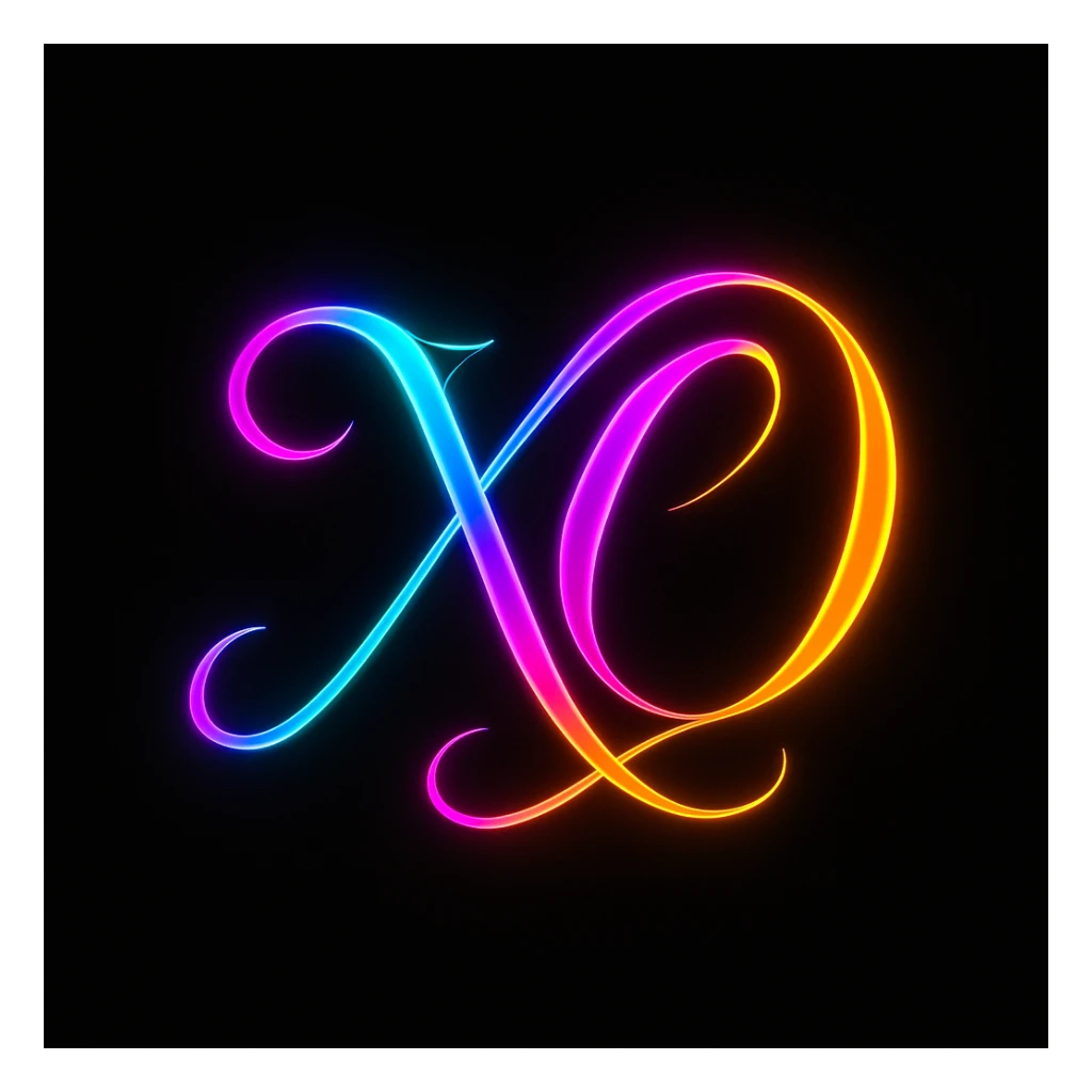 logo featuring the letters 'X' and 'O' in a fancy, intertwined design, neon colors, black background, modern and glowing sticker