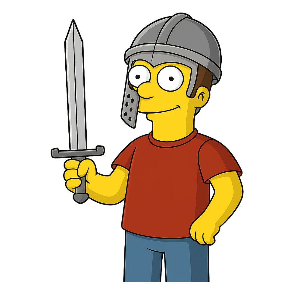 Regenerate the image keeping the same angle, facial expression, and size proportions of the character, but add a medieval helmet on the hero's head and replace the camera with a sword. The style should resemble The Simpsons with a transparent background. sticker