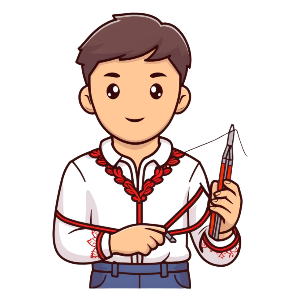 Ukrainian young man in a white embroidered traditional shirt holding a red thread with a needle and pliers sticker