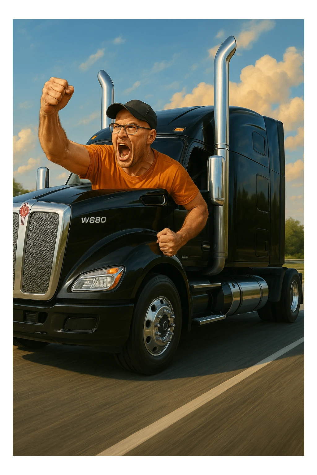 Add a realistic highway background behind the 2026 Kenworth W680 black sleeper semi with stacks and the angry bald man in an orange shirt, glasses, and baseball cap arm pumping out the window. Keep the scene vibrant and energetic, maintaining a photorealistic and dynamic atmosphere. sticker