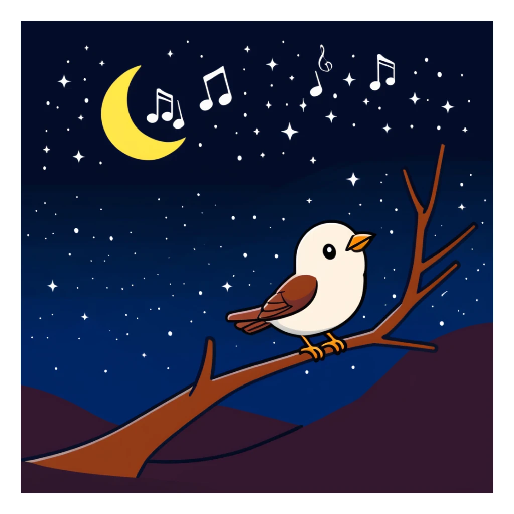 a nightingale bird singing with musical notes visible, flying against a dark starry night sky sticker