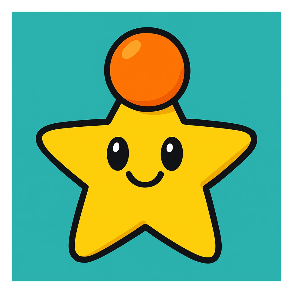 yellow star with an orange circle on top, cartoon style, playful look sticker
