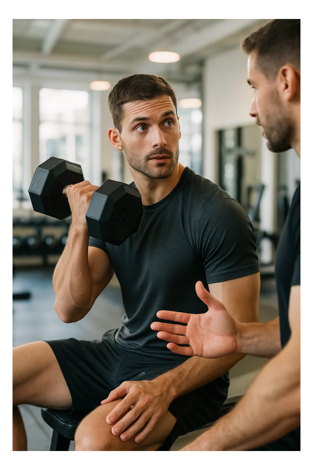 sporty man in gym inspired by reference photo, alternating glances between weights and trainer, seeking advice on intensity, bright environment, vertical format sticker