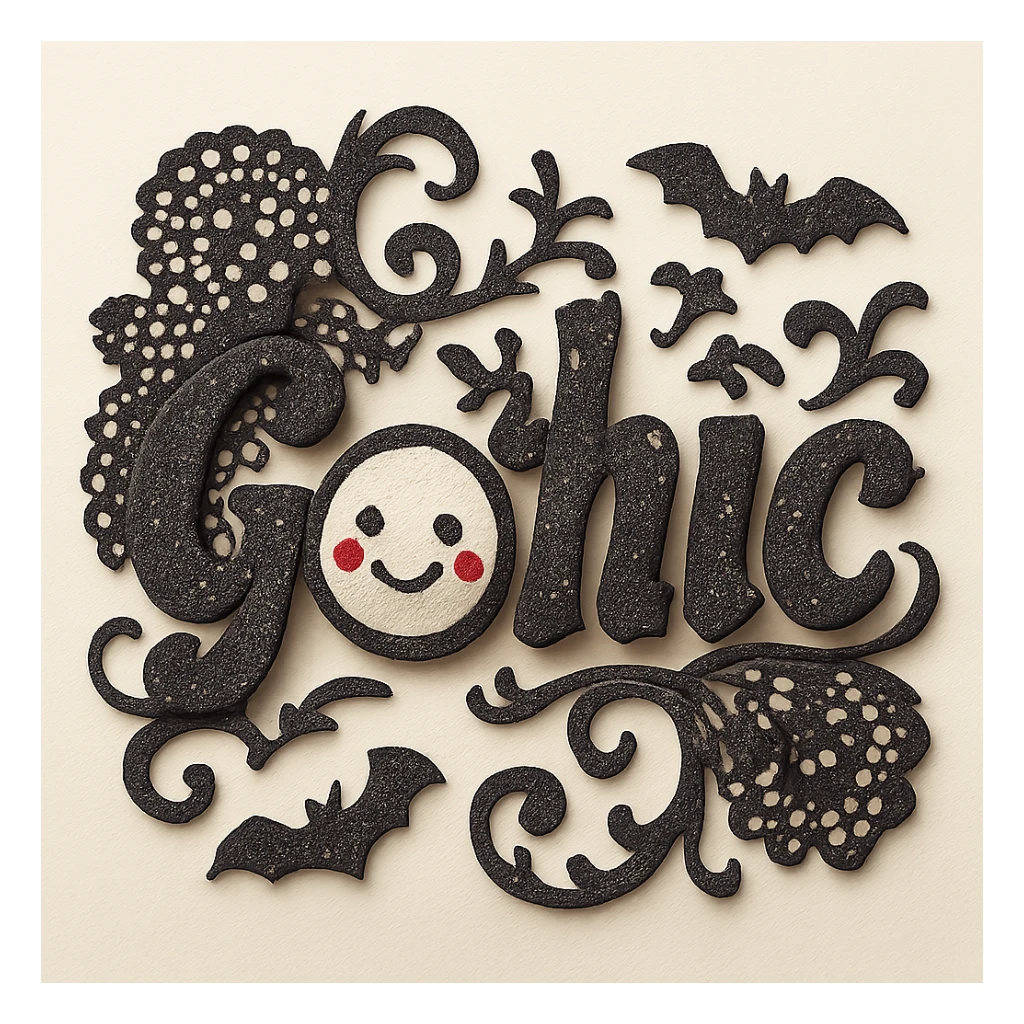 Add gothic motifs such as black lace, tiny bats, and ornate flourishes around the sparkling black text, keep the 3D paper-craft effect, kawaii style, no outline, transparent background. sticker