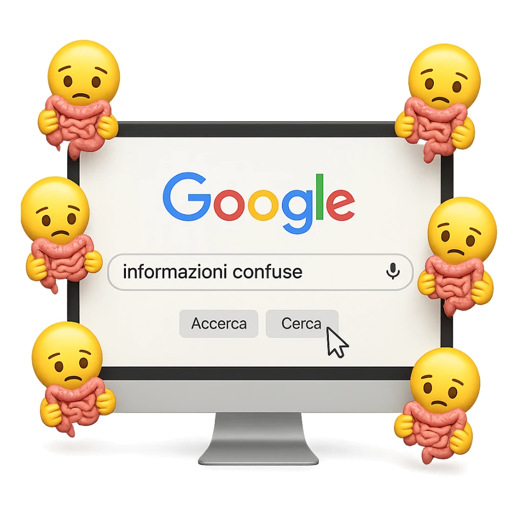 SCHERMO DI PC CON LA SCRITTA "informazioni confuse" SULLA BARRA DI RICERCA GOOGLE SULLO SCHERMO E IL CLICK DEL MOUSE SULLA SCRITTA CERCA, stile emoji iphone fluttuano in aria stringendo in mano un pezzo di colon intestinale, iperrealistico 4k sticker