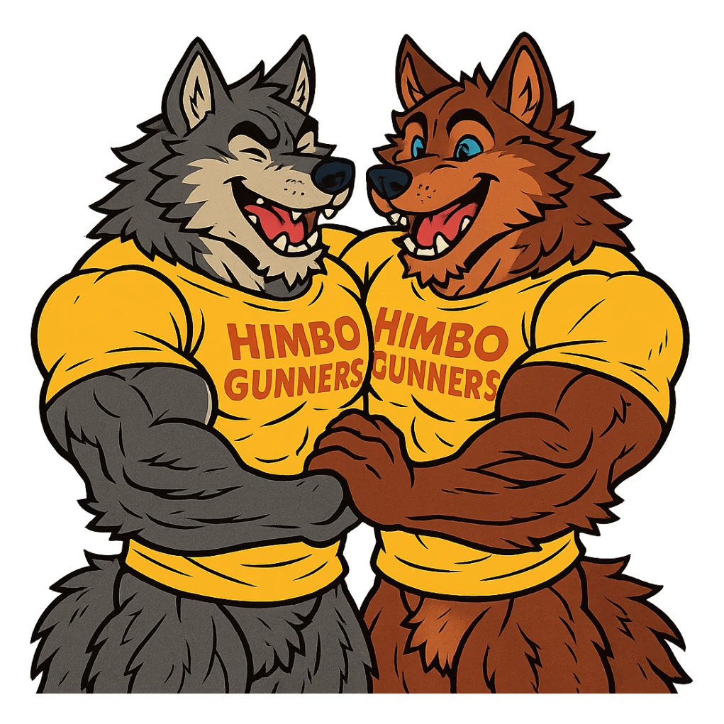two extremely muscular wolf furries with exaggerated and highly detailed muscles, wearing t-shirts that say 'Himbo gunners', hugging each other, friendly and joyful expressions, very detailed fur and anatomy, high quality sticker