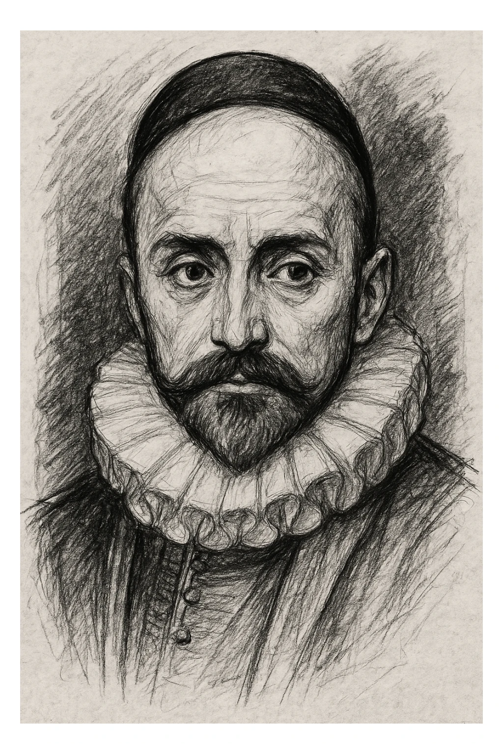 a hand drawn black outline portrait of philosopher Montaigne with similar-sized eyes based a famous portrait of him sticker