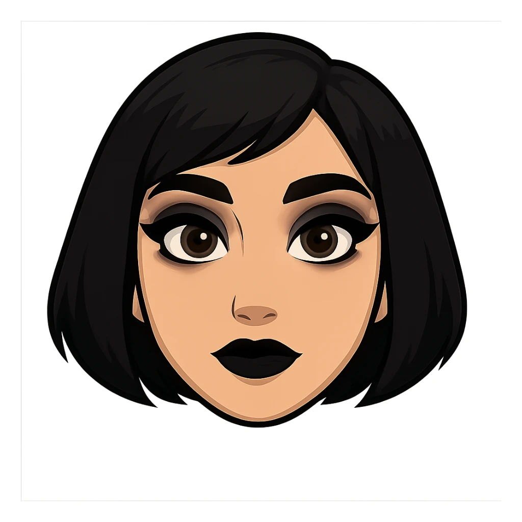 Isolate and keep only the face of Samsung Sam, removing neck and torso. The face should have black bob haircut and gothic style makeup. Preserve transparent background. sticker