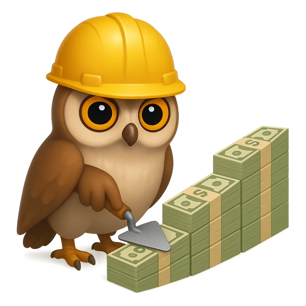 В стилистике эмоджи сгенерируй сову, она в строительно шлеме смотрит ровно на зрителя, но при этом сосредоточено мастерком для цемента выкладывает пачки долларов по переднему плану будто они кирпичи, пачки идут в возрастающем порядке, картинка символизирует "управляемый рост выручки", прозрачный фон sticker
