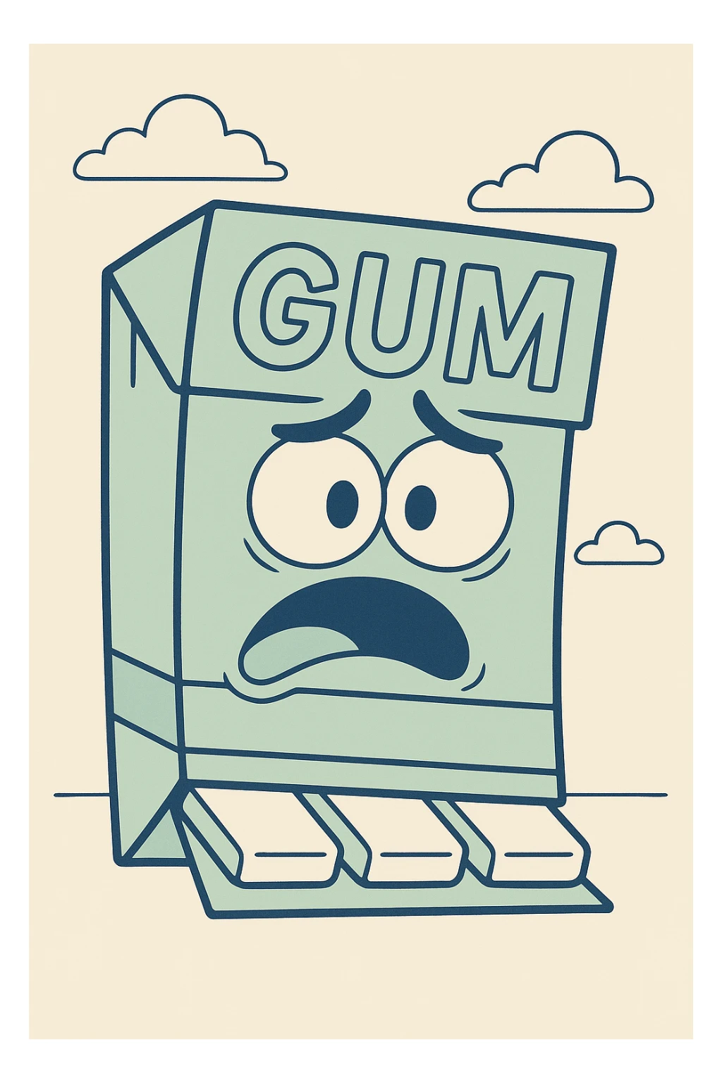 Change the gum to flat strips inside the packet, cartoon style, keep the same look and background. sticker