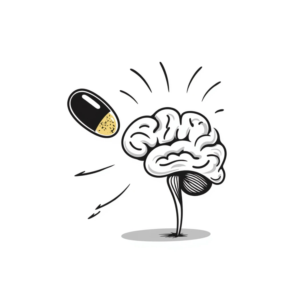 A magical amber capsule floating in front of a brain with fog lifting, showing electrical connections brightening one by one, creating clarity and focus. The brain becomes sharper and more defined. sticker