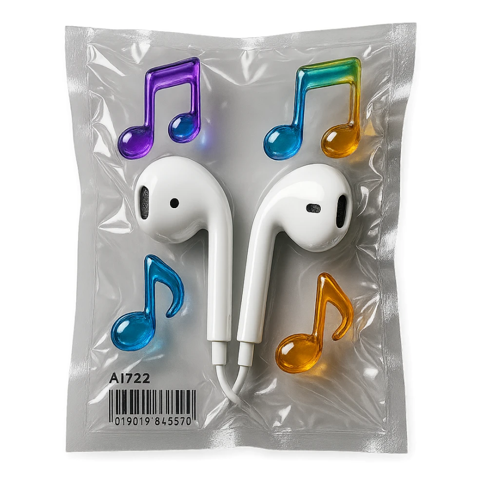 pair of white EarPods with exactly three floating multicolored glassy music notes, shiny and inflated sticker