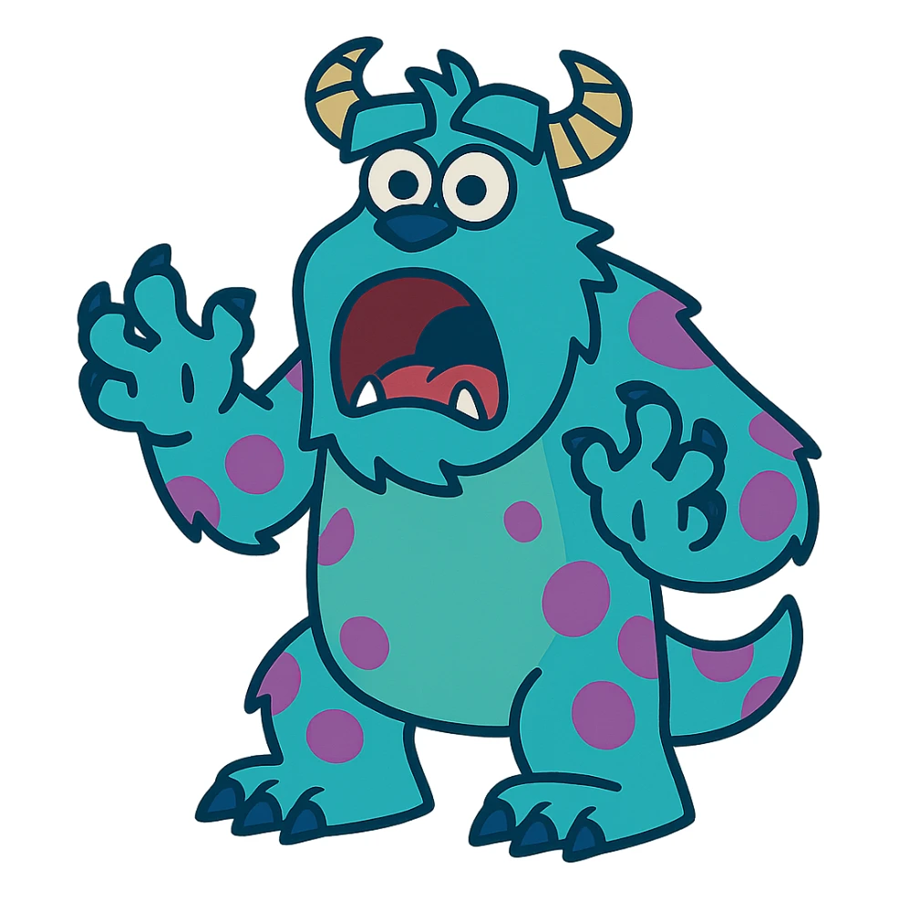 James P. Sullivan Sulley from Monsters Inc, surprised expression, mouth open, blue fur, purple spots, cartoon sticker